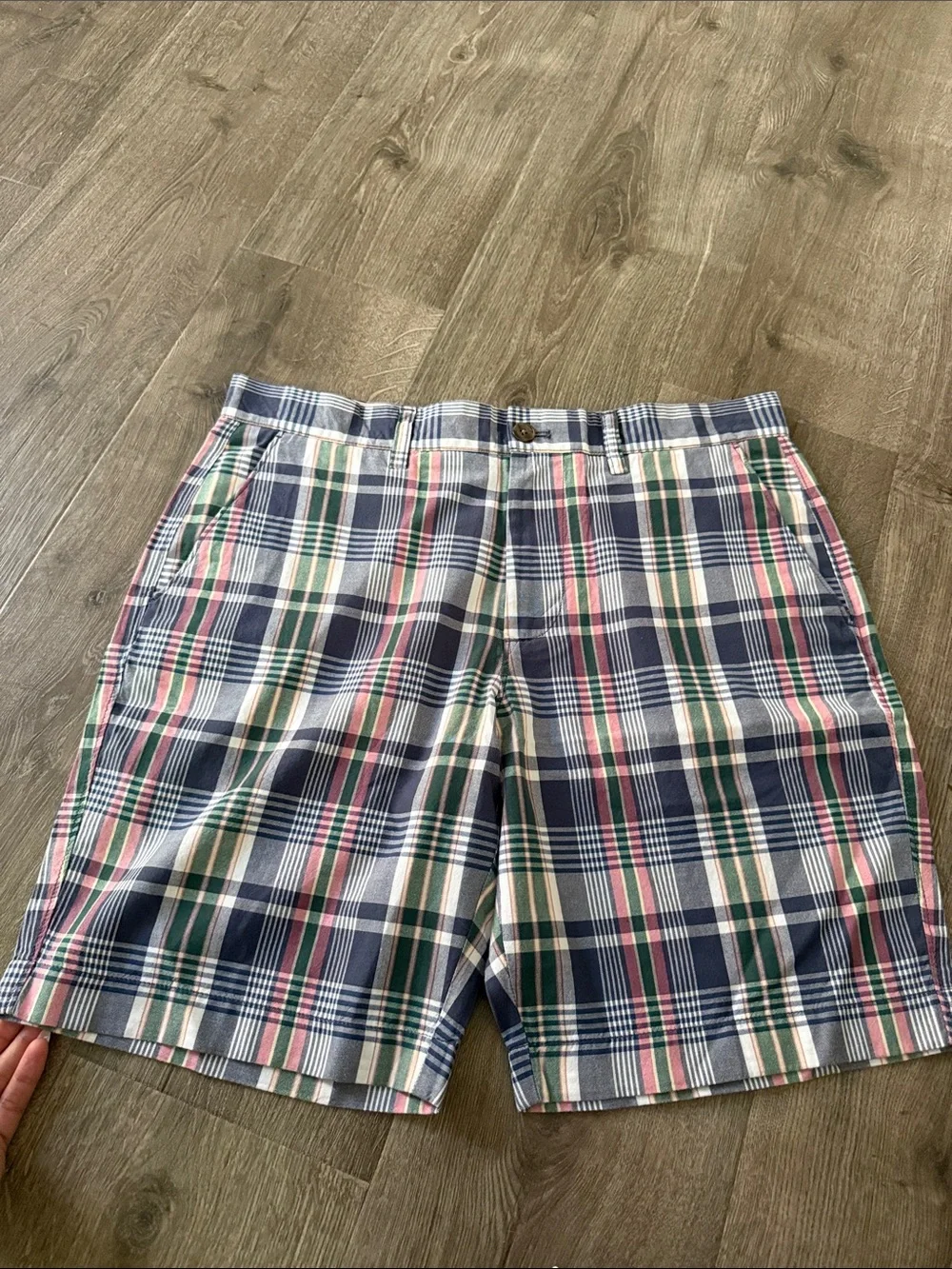 J. Crew Men’s Navy Plaid Cotton Chinos with Pink & Green Stripes